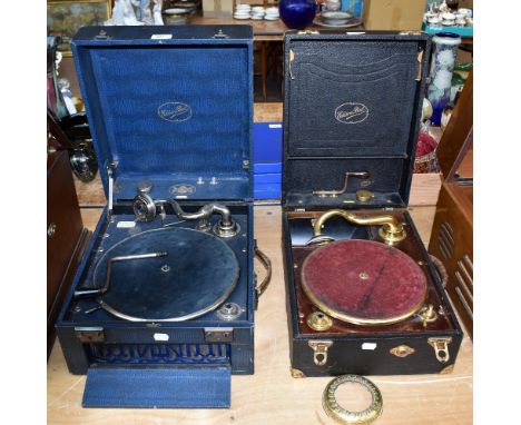 EDISON BELL; an Electron blue portable record player with fall-down speaker guard to front and a further Edison Bell record p