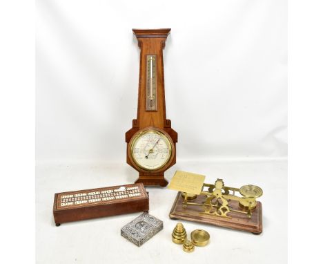 An ivory inlaid cribbage box, a set of postal scales with weights, a barometer, etc.