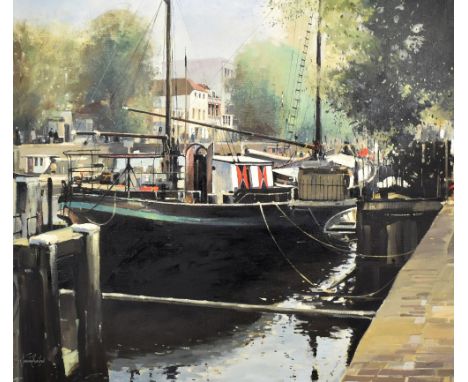 JEREMY BARLOW; oil on canvas, Amsterdam canal scene with boat to foreground, signed lower left, 68.5 x 78cm, framed (D).Addit