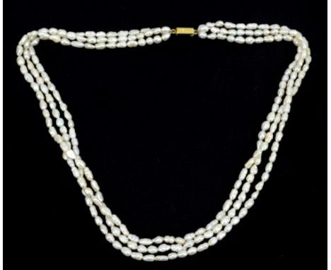 A three strand freshwater pearl necklace with 18ct yellow gold clasp, length approx 49cm.