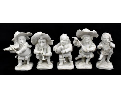 DOCCIA; a rare set of five 'Callot' bisque porcelain musical dwarfs circa 1870, each with blue printed marks to base, heights