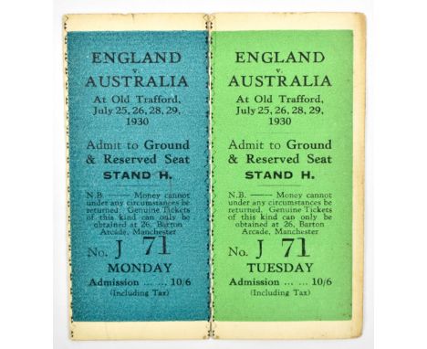 CRICKET INTEREST; two ticket stubs for the Fourth Test of the 1930 Ashes held at Old Trafford - the match was drawn.Additiona