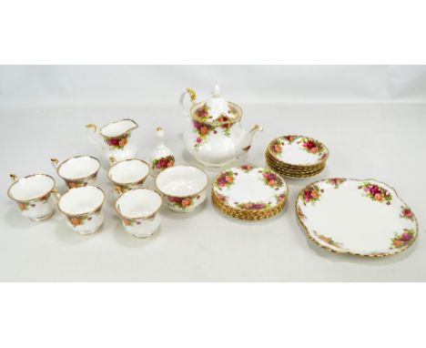 ROYAL ALBERT; a small group of 'Old Country Roses' pattern tea ware comprising teapot, sandwich plate, bell, five teacups, fi