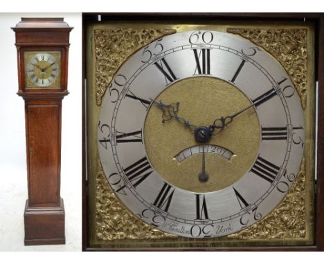 WILLIAM COULTON OF YORK; a George II mahogany longcase clock, with a square brass face, the silvered chapter ring set with Ro