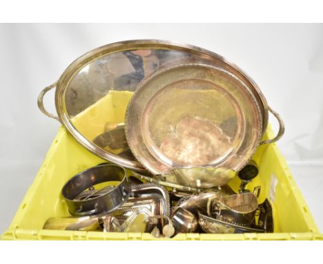 A large quantity of silver plate including twin handled tray, entree dishes, serving dishes.