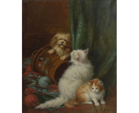 I LE ROY; oil on canvas, study of dog and two cats beside a basket of wool, signed, inscribed verso, 40 x 32cm, framed.Additi