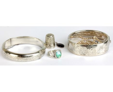 Two hallmarked silver hinged bangles, a white metal abalone set ring stamped 925, a small Blue John set pendant stamped sterl