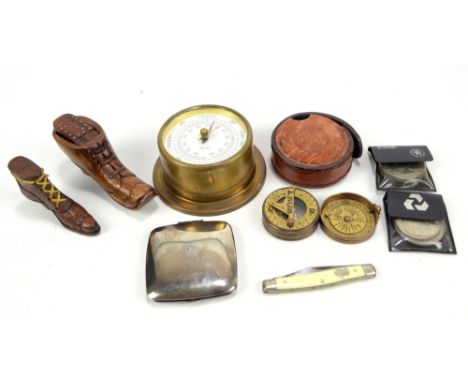 A small mixed group of collectors' items including Smiths barometer, a carved wooden snuff box in the form of a boot, a small