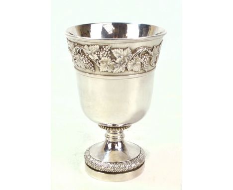 PAUL STORR; a George III hallmarked silver bell shaped goblet with band of elaborately cast vines and grapes on pin pricked g