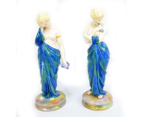 JAMES HADLEY FOR ROYAL WORCESTER; 'Joy' and 'Sorrow', a pair of ceramic figures modelled as bare chested maidens, both signed