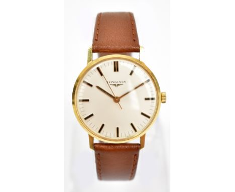 LONGINES; a gentleman's mechanical 18ct yellow gold cased wristwatch, the circular dial set with baton numerals, diameter exc