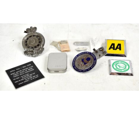 Four car badges including a Royal Automobile Club example by H.B. Sale Ltd of Birmingham, also a Mercedes Benz lighter, keyri