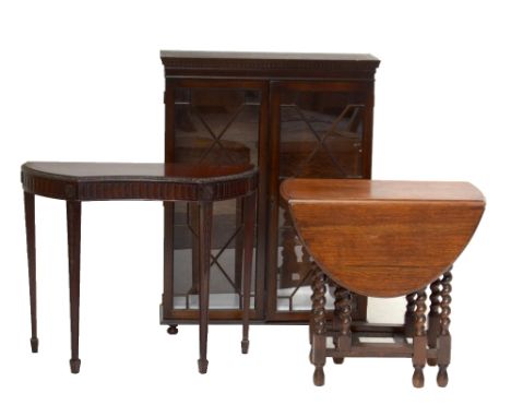 A reproduction console table, glazed display cabinet and a dropleaf occasional table with barleytwist supports (3).