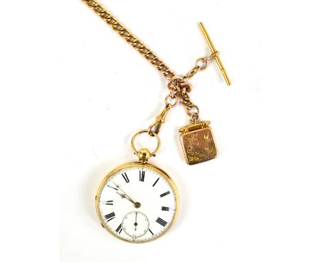 A late Victorian 18ct yellow gold key wind open faced pocket watch with white enamel dial set with Roman numerals and subsidi