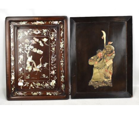 A Japanese soapstone inset decorative rectangular panel, 43.5 x 33cm and a Chinese mother of pearl inlaid rosewood panel, 44 