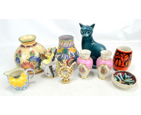 POOLE; five items comprising two vases (larger af), jug, dish and cat figure, also a Quimper vase, a Limoges figure (af), and