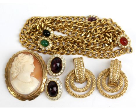 A pair of Nina Ricci earrings, Christian Dior earrings, a necklace, a 9ct yellow gold cameo brooch and further costume jewell