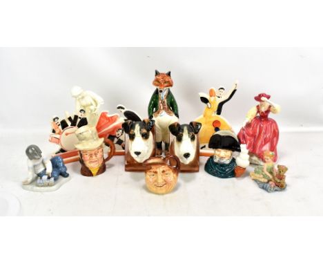 A mixed group of ceramic figures including a Nao figure of a boy playing with a train, a Royal Worcester 'First Steps' figure