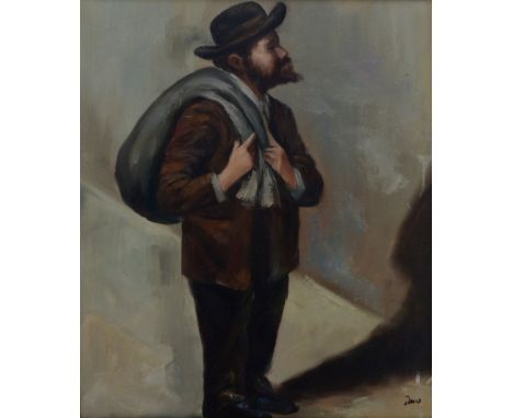UNATTRIBUTED; oil on canvas, portrait study of a bearded gentleman wearing hat with a sack over his shoulder, signed David, 6