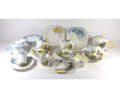 SHELLEY; a 'Regent' shape Art Deco eleven piece tea service in the 'Lakeland' pattern together with a milk jug, sugar bowl an