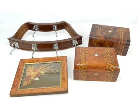 Two mahogany and inlaid work boxes for restoration, both with mother of pearl cartouche, also a wall hanging corner two-tiere