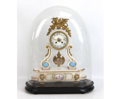 A late 19th century French alabaster eight day mantel clock with associated painted lower panel, ebonised base and presented 