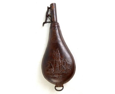 G &amp; J W HAWKSLEY OF SHEFFIELD; a stitched leather shot flask with hunter, deer and two dogs in relief.