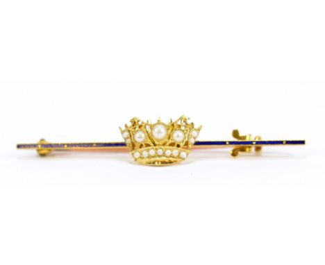 A 15ct yellow gold seed pearl and blue enamelled sweetheart brooch, length 5cm, approx 2.6g.