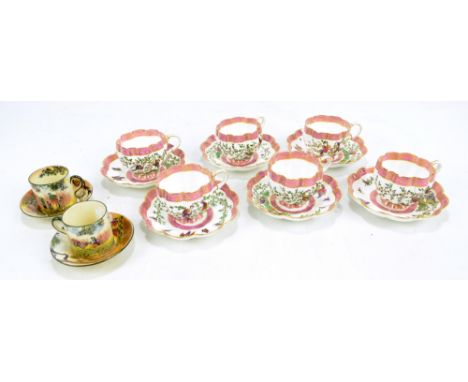 COALPORT; a set of six 19th century cups and saucers of lobed outline decorated with birds and insects amongst foliage in ena