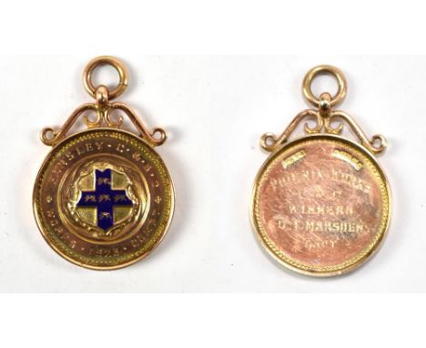 A 9ct yellow gold and enamel sorting medal for cricket, inscribed 'Farsley C &amp; B C Works 1923 COMPT', also inscribed vers