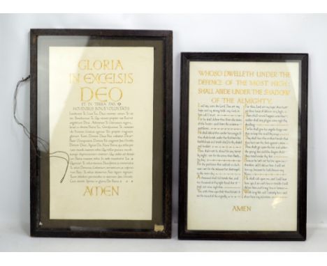 PHOEBE RENNELL (1883-1972); two religious calligraphy verses in black and gold entitled 'Gloria in Excelsis Deo' and 'Whoso D