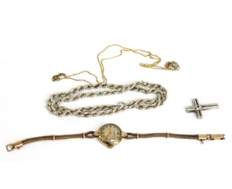 A lady's vintage 9ct yellow gold wristwatch, a silver chain, cross pendant and pendant on chain (4).