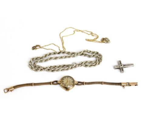 A lady's vintage 9ct yellow gold wristwatch, a silver chain, cross pendant and pendant on chain (4).