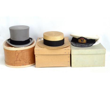 A vintage straw boater by Simpson of Piccadilly, a grey top and a sailor's cap, all size 71/8 (3).