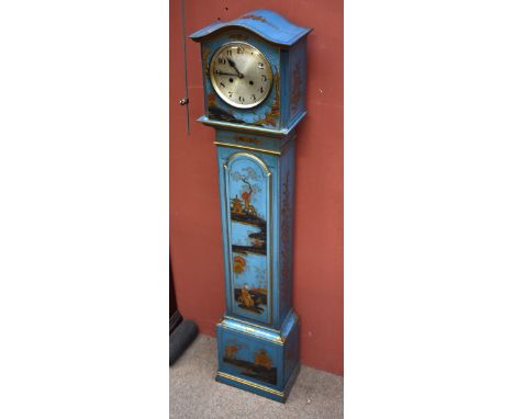 A reproduction blue lacquered clock with chinoiserie decoration, the silvered dial set with Arabic numerals, height 127cm.