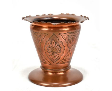 BENHAM &amp; FROUD; an Arts and Crafts copper vase with crimped rim, stylised decoration to the tapering body and spreading c