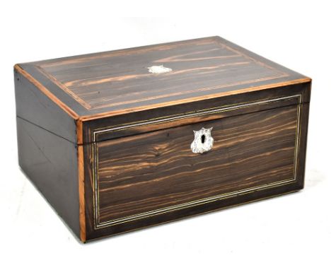 A Victorian coromandel and inlaid writing slope with fitted interior and vacant mother of pearl cartouche to the lid, width 3