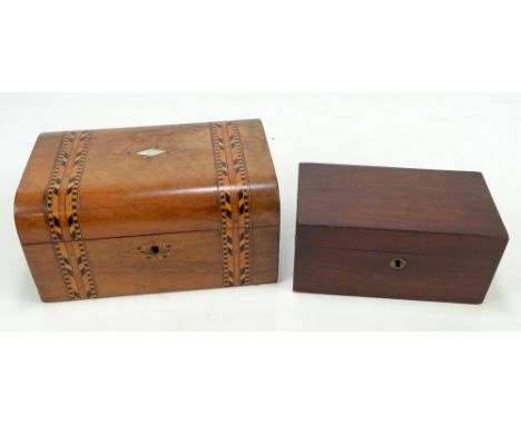 A mahogany and inlaid sewing box with later associated pull-out tray, 12.5 x 24.5cm, and a two division tea caddy containing 