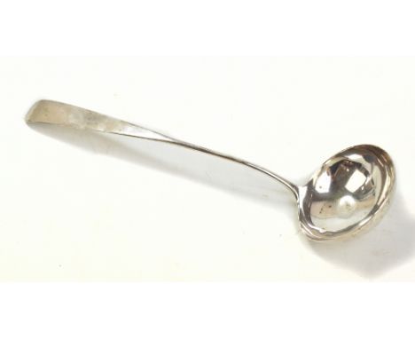A George III hallmarked silver soup ladle with engraved initial F to the terminal, Edinburgh 1798, length 35cm, approx 6ozt.A