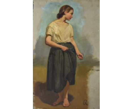 UNATTRIBUTED; oil on board, portrait sketch of a young lady in green skirt, signed 'R' lower right, 47.5 x 28.5cm, framed.Add