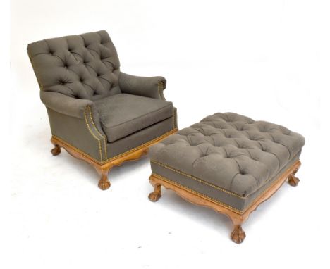 A green button upholstered armchair raised on cabriole legs to ball and claw feet with matching ottoman stool (2).Additional 