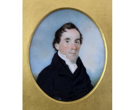 EARLY 19TH CENTURY ENGLISH SCHOOL; oval portrait miniature, study of a gentleman wearing white collar, bearing remnants of Fr