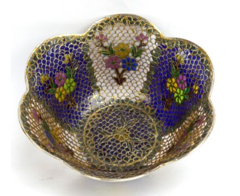 A modern plique a jour petal shaped enamel bowl, diameter 12.5cm.
