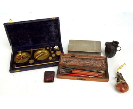 A small group of collectors' items including a cigarette box, pipe, match book box, hand grenade, modern scales and a pen box