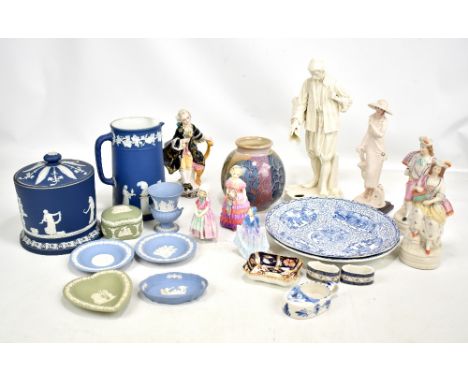 A group of decorative ceramics including three Royal Doulton figures; HN1423 'The Little Bridesmaid', HN1680 'Tootles' and M6