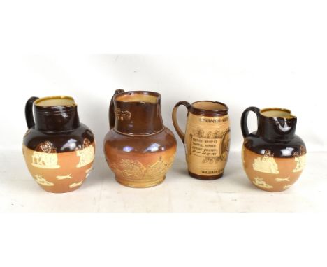 ROYAL DOULTON; two early 20th century salt glazed stoneware hunting jugs with impressed marks to bases, height of larger 21.3