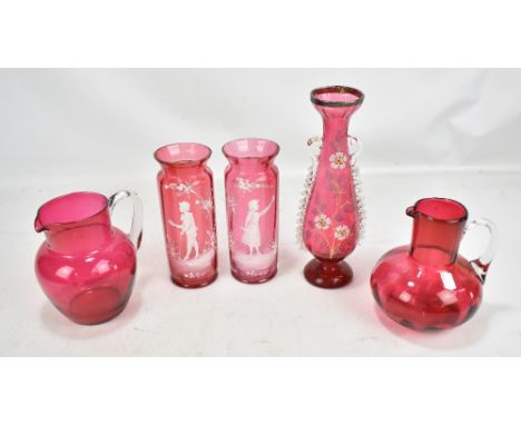 Five pieces of cranberry glass including pair of vases with Mary Gregory style enamel decoration (one rim af), also a 19th ce