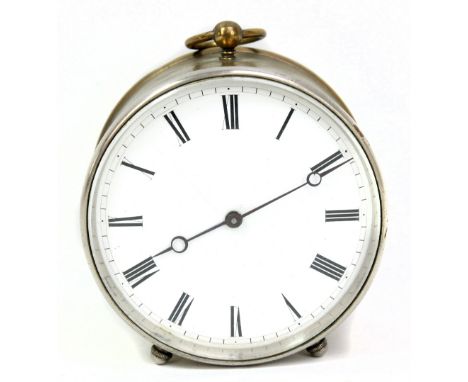 VICTOR ATHANASE PIERRET; a French 19th century brass cased campaign/travel drum clock, the circular enamel dial set with Roma
