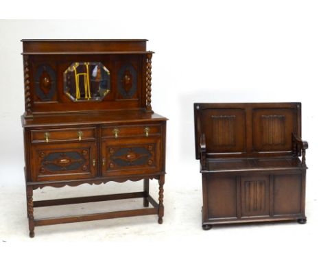 An oak mirror back sideboard and an oak monks bench (2).