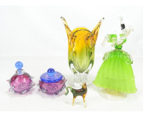 A Murano glass figure of a masked lady in green, height 35cm, a small Murano horse, a yellow and green cased vase, a scent bo